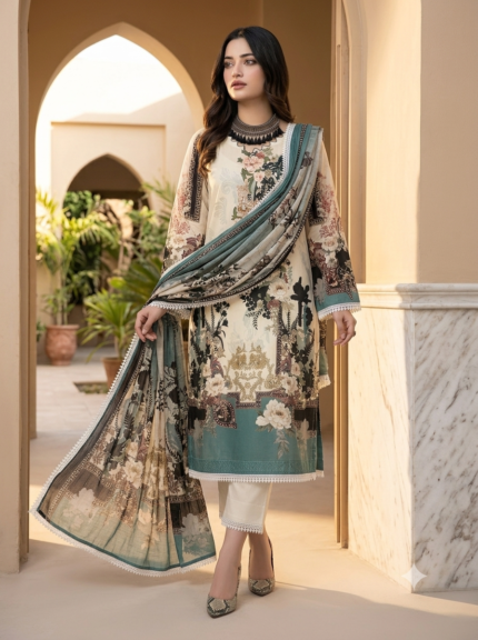 Women Cream & Teal Floral Printed Salwar Suit Set with Dupatta | Luxury Festive Wear